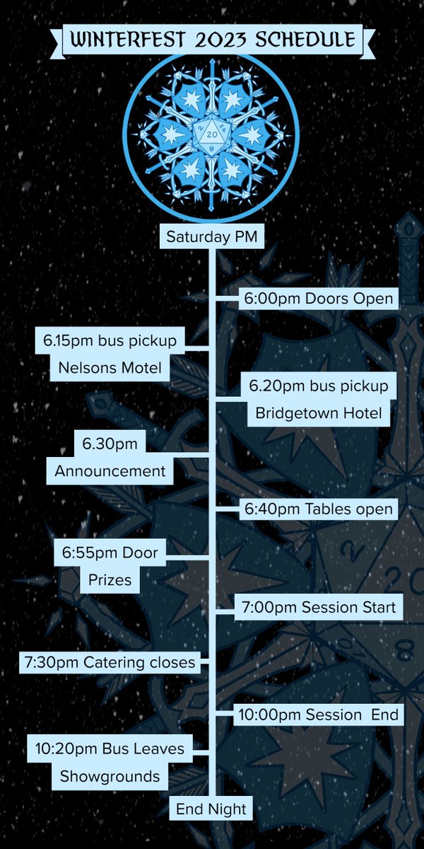 DnDWinterfest's tweet photo. Winterfest 2023 Schedule and Check-In
Check out our merch at our store: https://t.co/6PvVqz0z8N
#dndwinterfest #dnd #dnd5e #dungeonsanddragons #dungeonsanddragons5e #rpg #notforprofit #ttrpg #bridgetownwa #wathedreamstate #australiasSW #fridgetownfest #bridgetowninthewinter https://t.co/ePxIuMeqjE