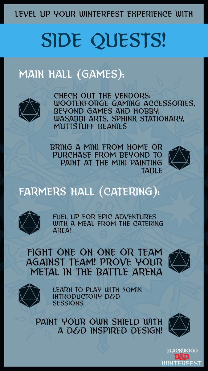 DnDWinterfest's tweet photo. Winterfest 2023 Schedule and Check-In
Check out our merch at our store: https://t.co/6PvVqz0z8N
#dndwinterfest #dnd #dnd5e #dungeonsanddragons #dungeonsanddragons5e #rpg #notforprofit #ttrpg #bridgetownwa #wathedreamstate #australiasSW #fridgetownfest #bridgetowninthewinter https://t.co/ePxIuMeqjE
