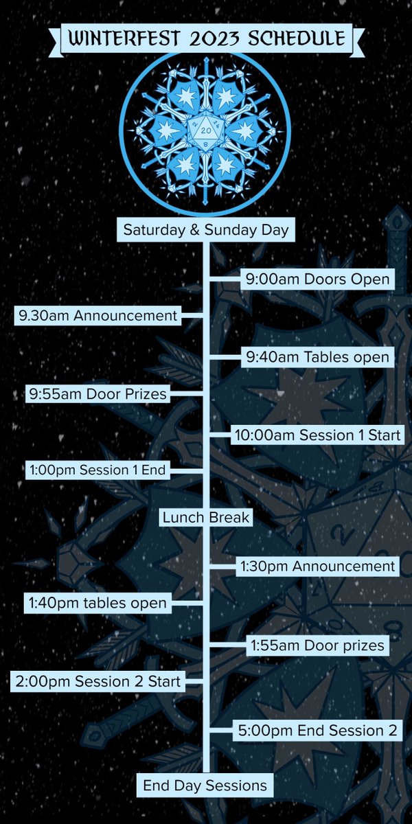 DnDWinterfest's tweet photo. Winterfest 2023 Schedule and Check-In
Check out our merch at our store: https://t.co/6PvVqz0z8N
#dndwinterfest #dnd #dnd5e #dungeonsanddragons #dungeonsanddragons5e #rpg #notforprofit #ttrpg #bridgetownwa #wathedreamstate #australiasSW #fridgetownfest #bridgetowninthewinter https://t.co/ePxIuMeqjE