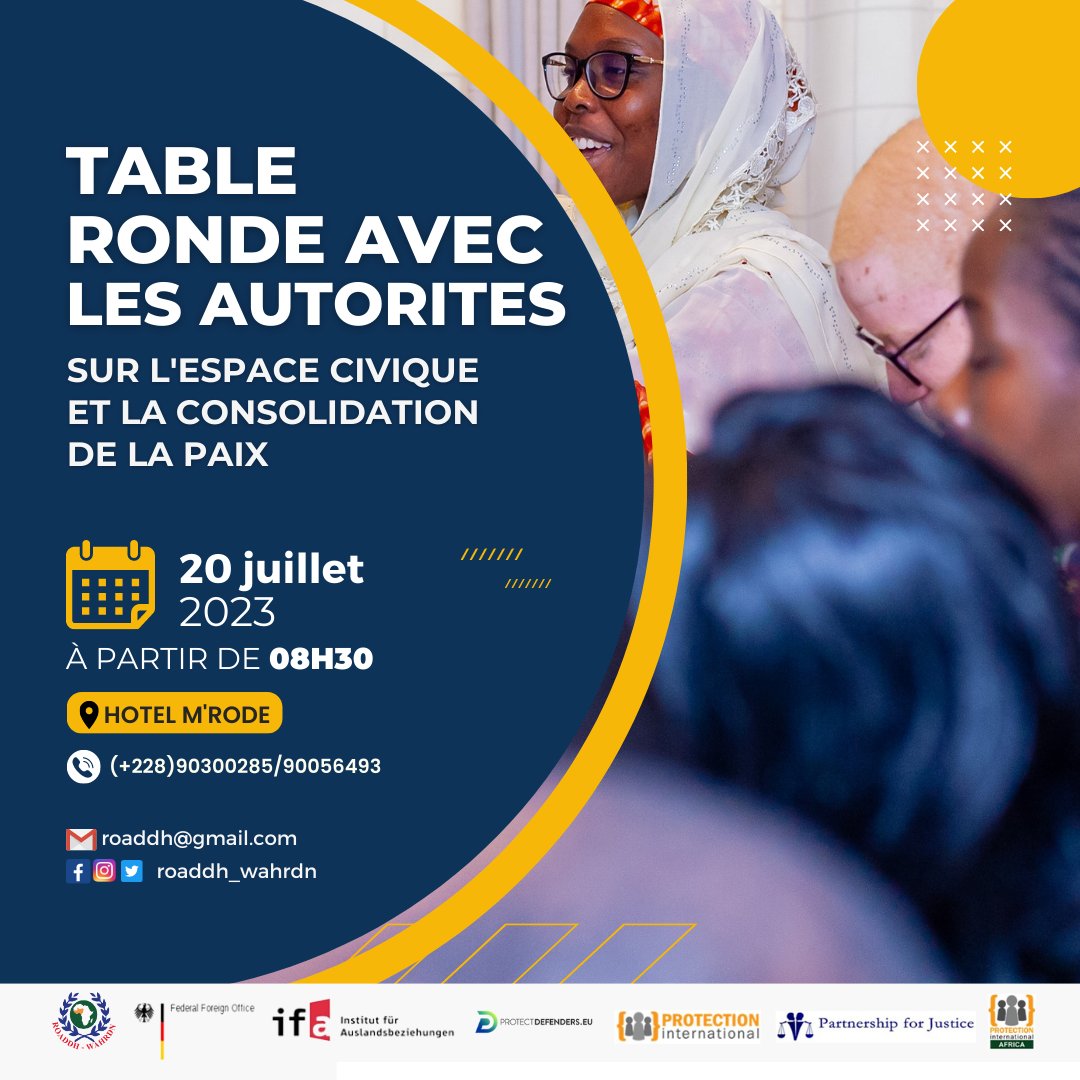 Le jeudi 20 juillet 2023, le Secrétariat du ROADDH en collaboration avec la Coalition Togolaise des Défenseurs des Droits Humains (CTDDH), organise une table ronde sur "l'espace civique et la consolidation de la paix".
#roaddh #tableronde #espacecivique