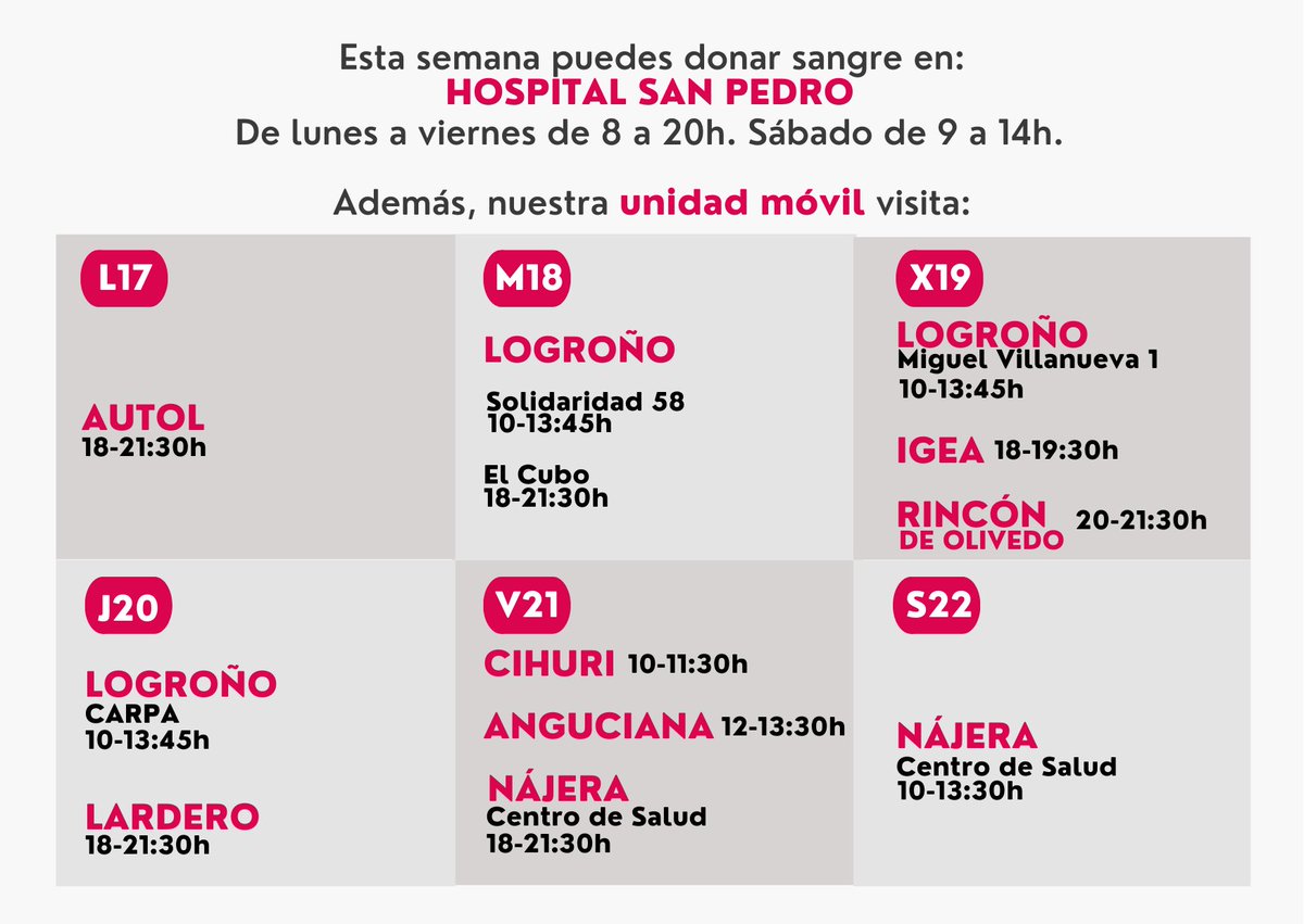 bsangrelarioja's tweet photo. 📝¡Toma nota! Esta semana puedes donar sangre en el 🏥 Hospital San Pedro:
-lunes a viernes, de 8 a 20h
-sábado, de 9 a 14h
🚍 Además, nuestra unidad móvil visita:
📍#Autol
📍#Logroño
📍#Igea
📍#RincónDeOlivedo
📍#Lardero
📍#Cihuri
📍#Anguciana
📍#Haro https://t.co/kvvE0wzDjW