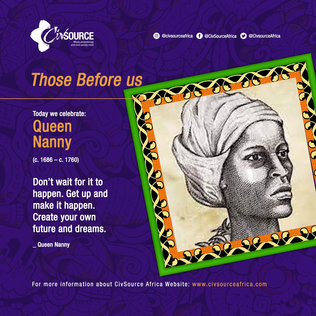 CivsourceAfrica's tweet photo. #thosebeforeus 🖤

Today we celebrate Queen Nanny

(c. 1686–1760)
Despite being sent to Jamaica as a slave, she rose to prominence as a leader, warrior, &amp; spiritual guide.

“Don’t wait for it to happen. Get up and make it happen. Create your own future and dreams.” _ Queen Nanny https://t.co/ccZK5Rh1Wg