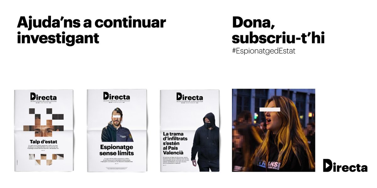 La_Directa's tweet photo. Marc, Dani, Ramón i, ara, Maria. Investigacions com #EspionatgedEstat son possibles perquè la Directa no depèn ni de grans empreses ni d'institucions. Un 70% dels ingressos son de les subscripcions. Seguim: 

▶️Subscriu-t’hi https://t.co/S8nGC1l0WM
▶️Dona https://t.co/yKa1nkxevJ https://t.co/s9xmeNlLgA