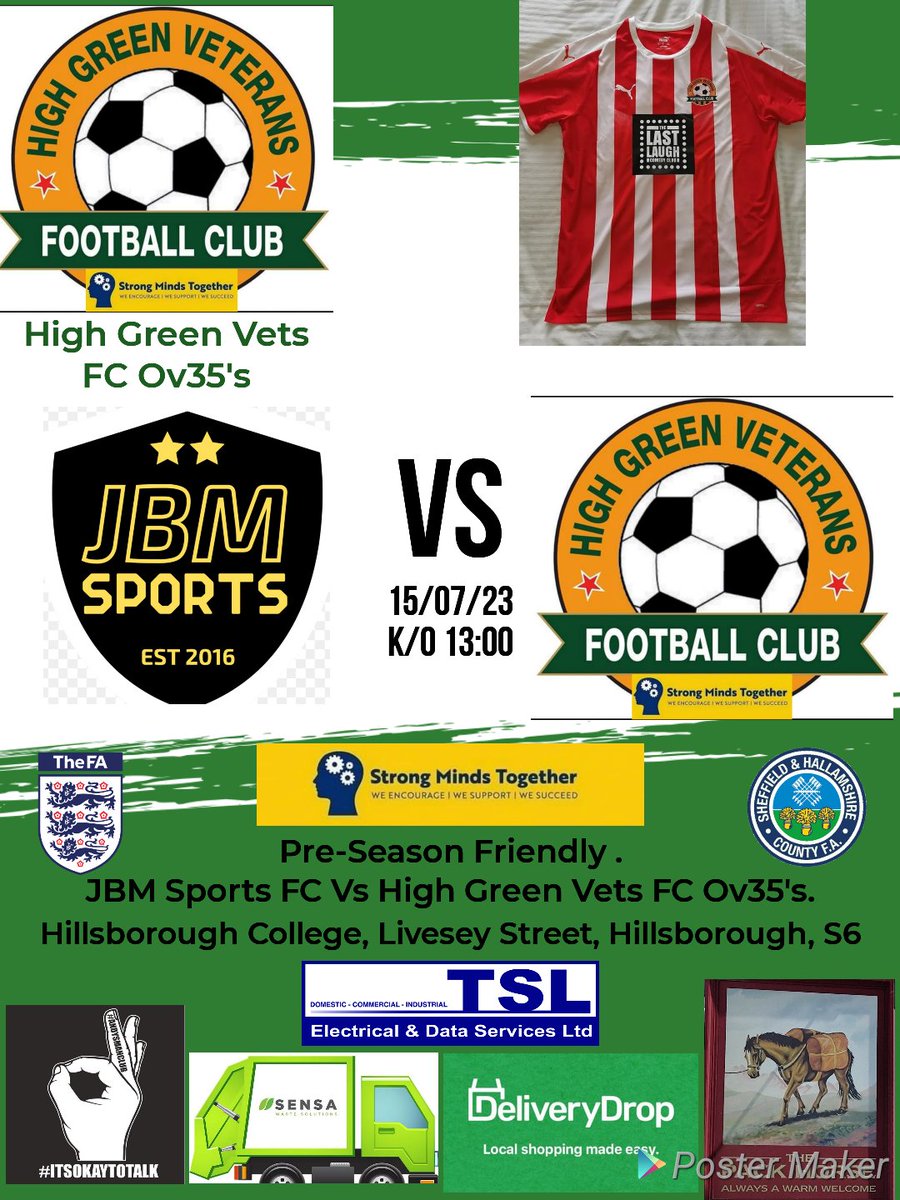 HighGreenVetsFC's tweet photo. Pre-Season Friendly 

Saturday 15/07/23 High Green Vets FC Over 35's friendly V's JBM Sports FC (open age) 
Venue - Hillsborough College, 30 Livesey St, Sheffield S6 2ET

1pm kick off all welcome to come along https://t.co/Wvn4YYVx8Y