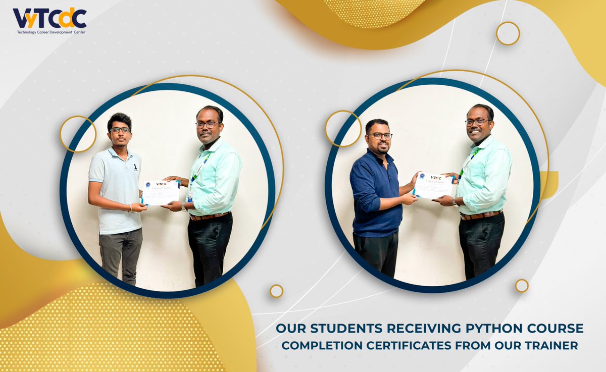 vytcdc's tweet image. Congratulations to our students for successfully completing the Python course!

#PythonCertification #CareerDevelopment #TechSkills #vytcdc #PythonCourseCompletion #LearningJourney