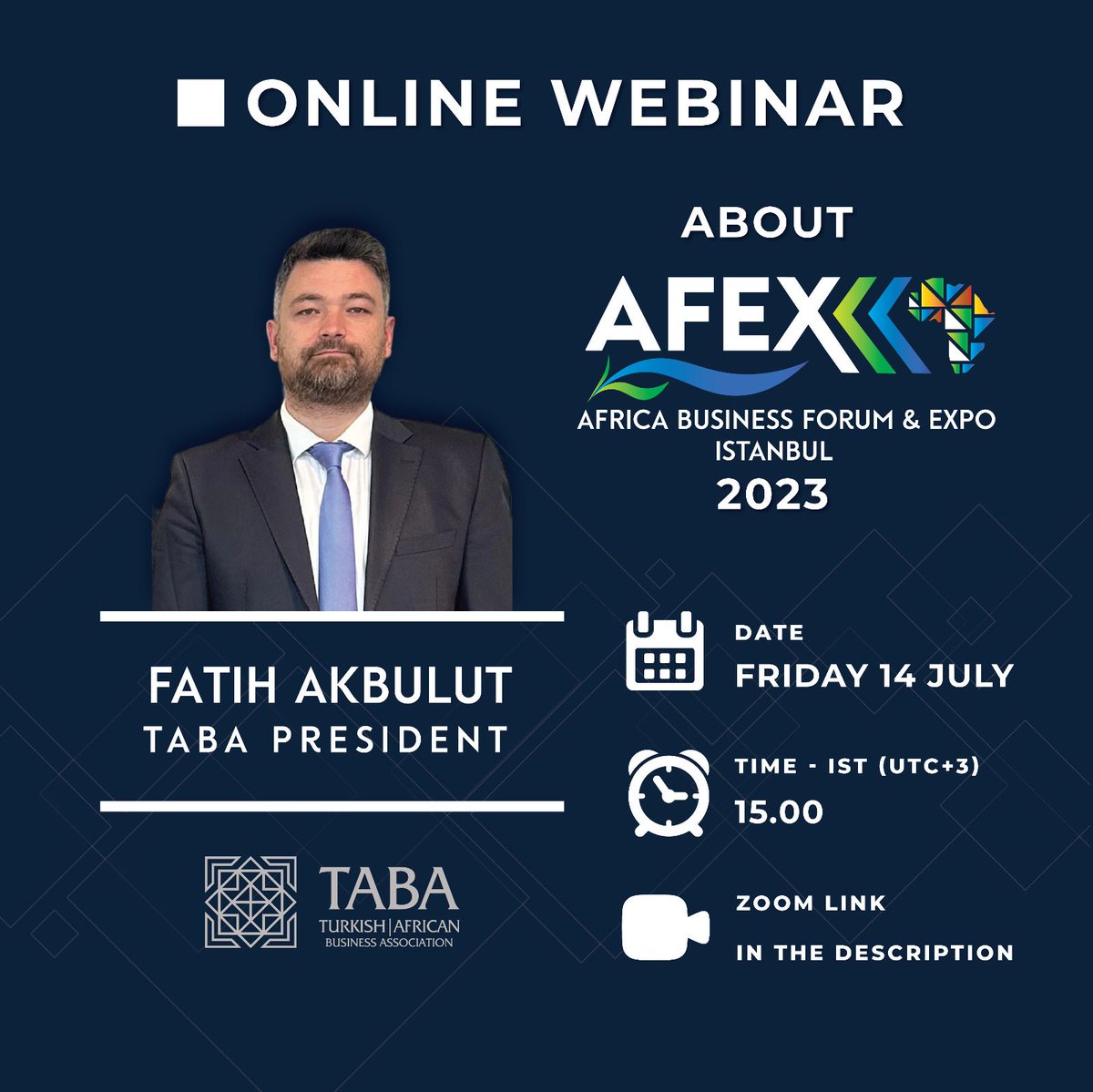 AFEXTR's tweet photo. We invite you to a webinar, where we will introduce you to business in Africa and the prestigious event, AFEX'23.

On webinar, @fakbulut will provide valuable insights into the key features of AFEX'23, emphasizing the unique opportunities it presents to grow your business. https://t.co/mrPEMlq5LO