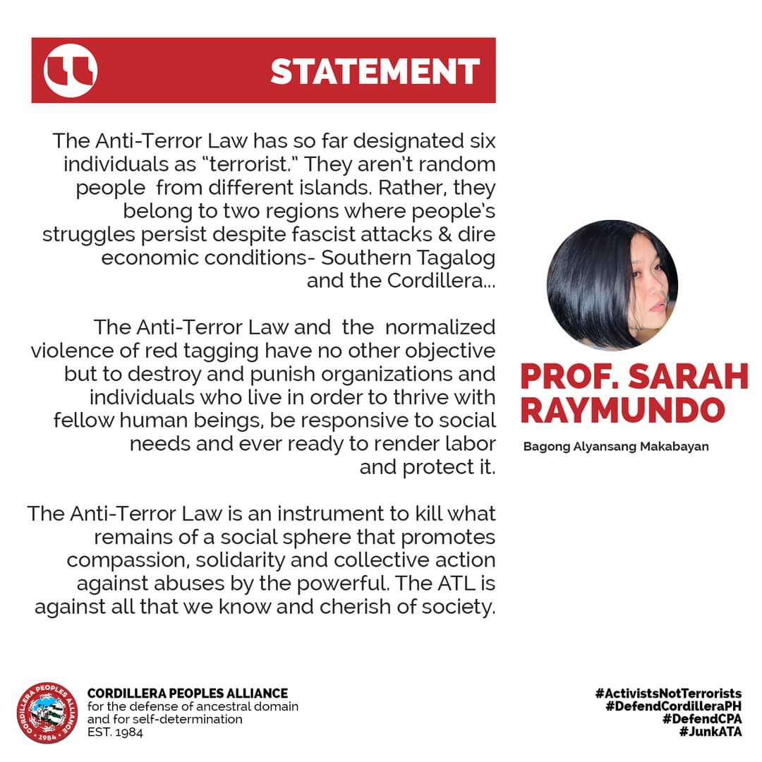 STATEMENTS ON THE ANTI-TERRORISM COUNCIL'S DESIGNATION OF 4 INDIGENOUS PEOPLES ACTIVISTS AS TERRORISTS

#ActivistsNotTerrorists
#DefendCordilleraPH
#DefendCPA
#DefendTheNorth