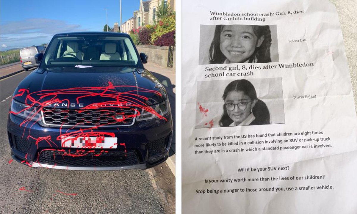 There is huge, justified anger in the UK about an SUV driver killing two little girls in Wimbledon. 

Persons unknown made their point a few nights ago in Dundee, Scotland.

SUVs ruin lives. Deflate them, disarm them, repeat until they disappear.

thecourier.co.uk/fp/news/dundee…