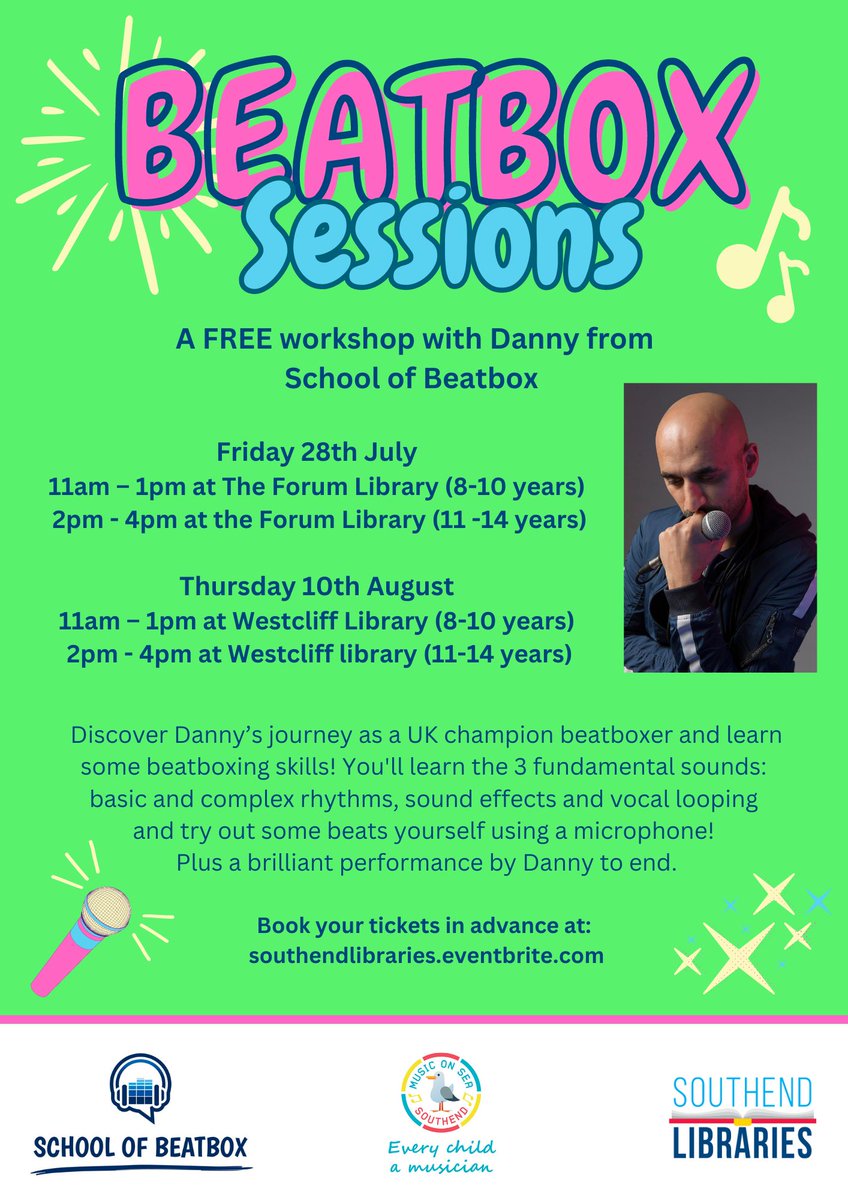 Visit Southend (@visitsouthend) on Twitter photo BEATBOX SESSIONS 🎤🎶
Kick off a summer of events at <a href="/southendlibrary/">Southend Libraries</a> with a FREE Beatbox workshop with Danny from <a href="/schoolofbeatbox/">School Of Beatbox</a> and <a href="/MusicOnSea/">Music on Sea</a>
📅 Friday 28 July | The Forum
📅 Thursday 10 August | Westcliff Library
👉 bit.ly/3pKkEdr BEATBOX SESSIONS 🎤🎶
Kick off a summer of events at <a href="/southendlibrary/">Southend Libraries</a> with a FREE Beatbox workshop with Danny from <a href="/schoolofbeatbox/">School Of Beatbox</a> and <a href="/MusicOnSea/">Music on Sea</a>
📅 Friday 28 July | The Forum
📅 Thursday 10 August | Westcliff Library
👉 bit.ly/3pKkEdr