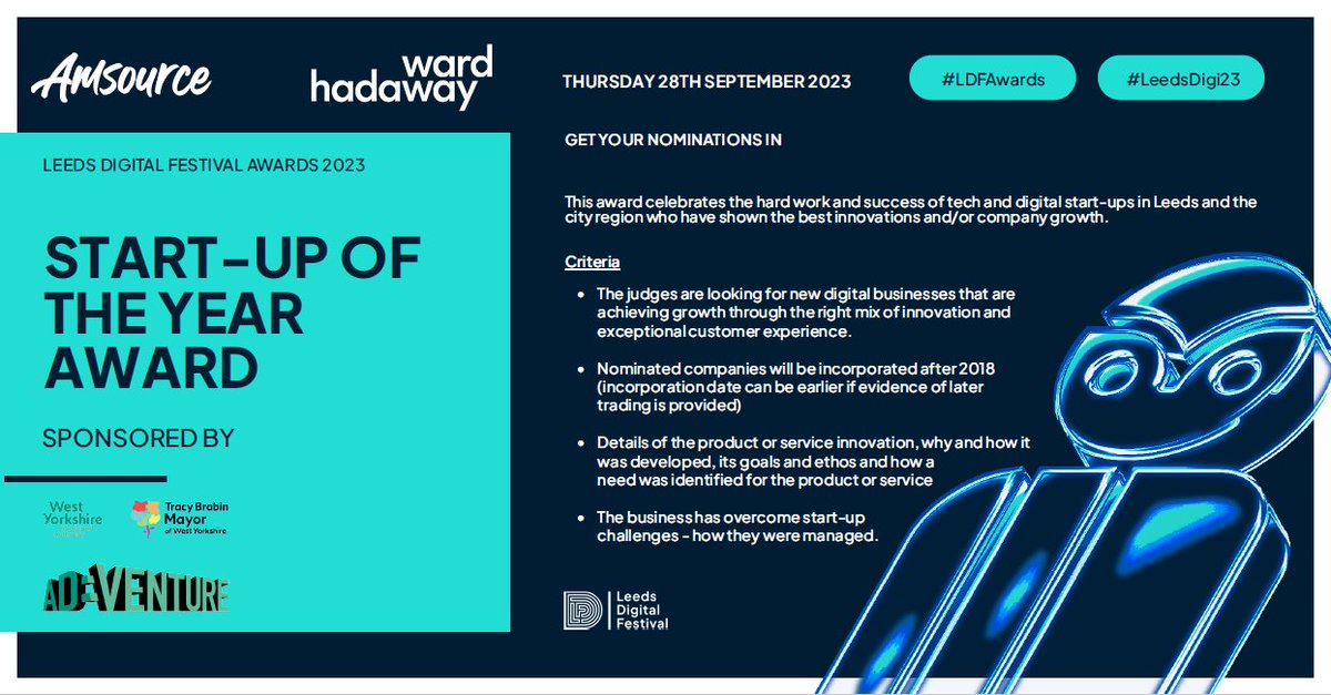 Sponsoring Start-Up of the Year for 2023 is <a href="/ADVENTURE_LCR/">AD:VENTURE</a> 

Get your nominations in here:  leedsdigitalfestivalawards.org/nominate

#LeedsDigi23 #LDFAwards #westyorkshire