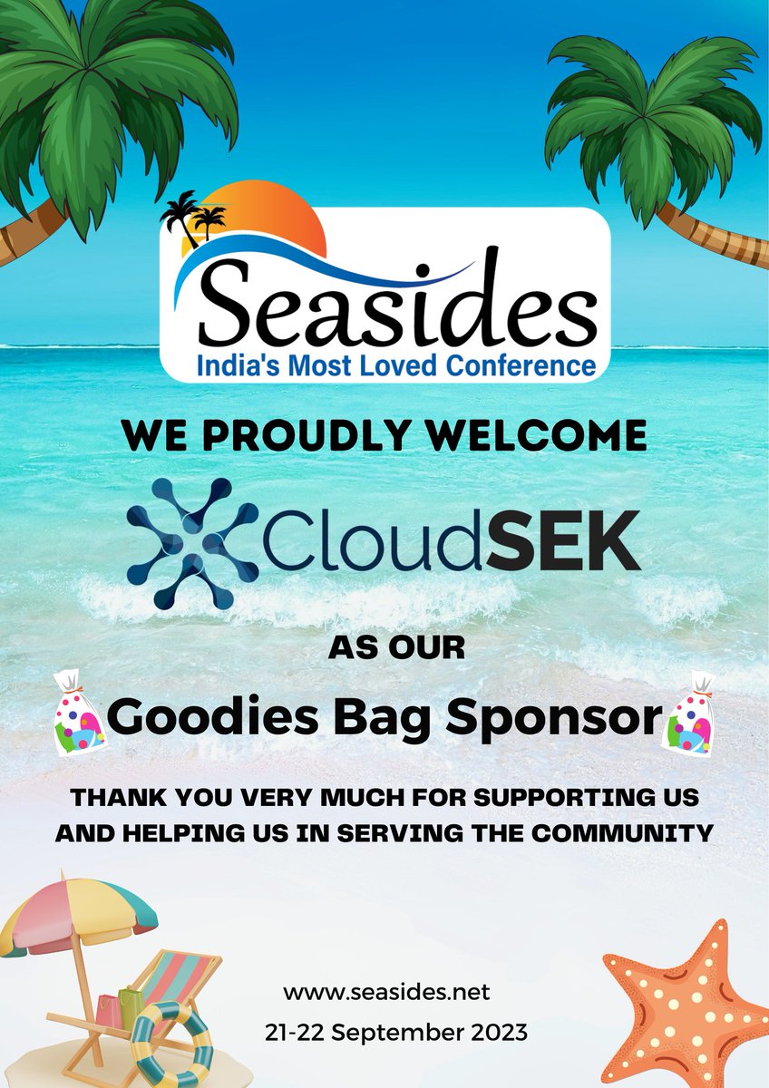 We are elated to welcome <a href="/cloudsek/">CloudSEK</a> as our Goodies sponsor for <a href="/seasides_conf/">Seasides</a> .

Their products are top recommended for predicting cyber threats.

Thank you so much <a href="/fb1h2s/">Rahul Sasi</a> for your constant support and love to our conference.