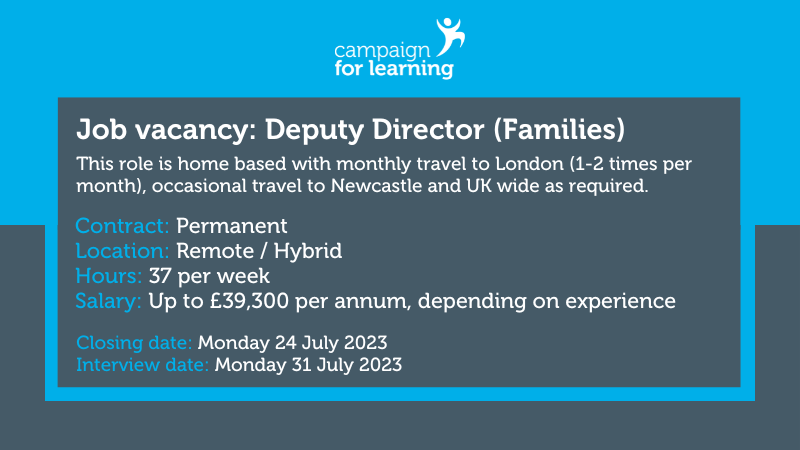 We're hiring! We’re looking for a Deputy Director (Families) to help us deliver innovative solutions that help improve the lives of families. Find out more and apply: campaign-for-learning.org.uk/CFL%20Web/Abou…