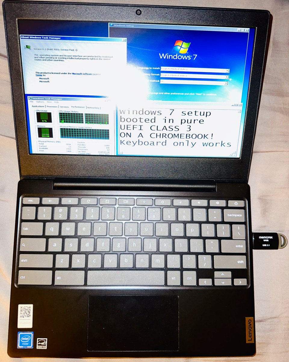 TheBobPony's tweet image. Windows 7 on a modern cheap Intel Celeron Chromebook. 👀
Only keyboard works, so can’t use touchpad.
Windows 7 lacks eMMC support, so can’t really install it on the internal drive.
And yes, this Chromebook is using a custom firmware, in order to boot other OSes than ChromeOS.