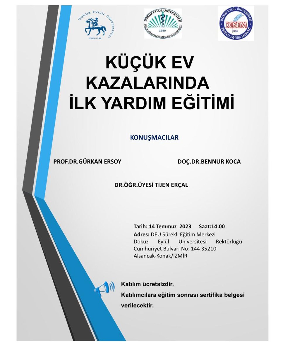 Dokuz Eylül Üniversitesi Rektörlüğünün organize ettiği ve DEÜ Sürekli Eğitim Merkezinde gerçekleşecek olan toplantımızda "Küçük Ev Kazalarında İlk Yardım" başlıklı sunumu yapacağım.
Katılım serbesttir.
#universitemdeu