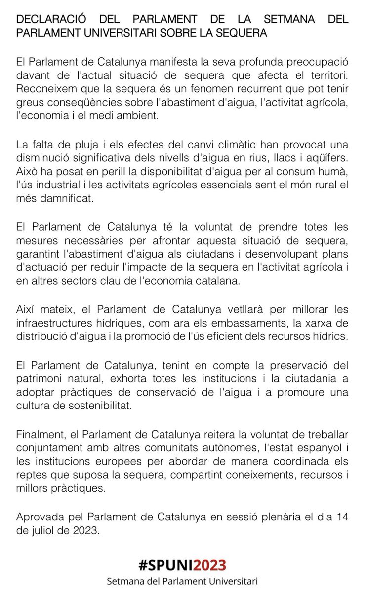 spuni2023's tweet photo. El secretari primer fa la lectura de la declaració institucional de la #Spuni2023 sobre la sequera https://t.co/pwiMwJ2yAa