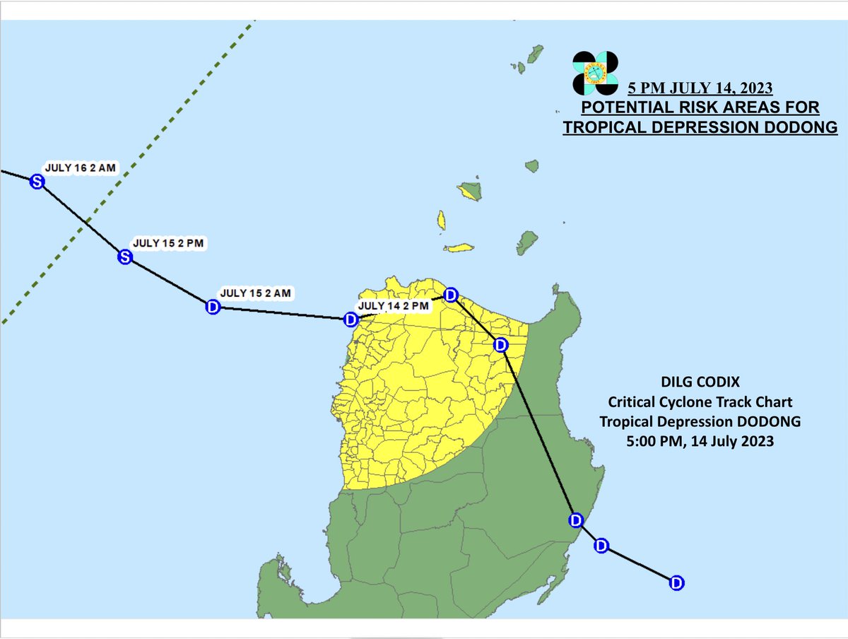 DILG_CODIX's tweet photo. Critical Cyclone Track Chart for TD #DodongPH  as of 5:00 PM  14 July 2023  #DodongPH #MagingLISTO #DisasterPreparedness

@DILGPhilippines

@NDRRMC_OpCen

@dost_pagasa

@civildefensePH

#LISTO       
Also follow us on FB: https://t.co/3HDTDhEL0M https://t.co/92veZflUFj