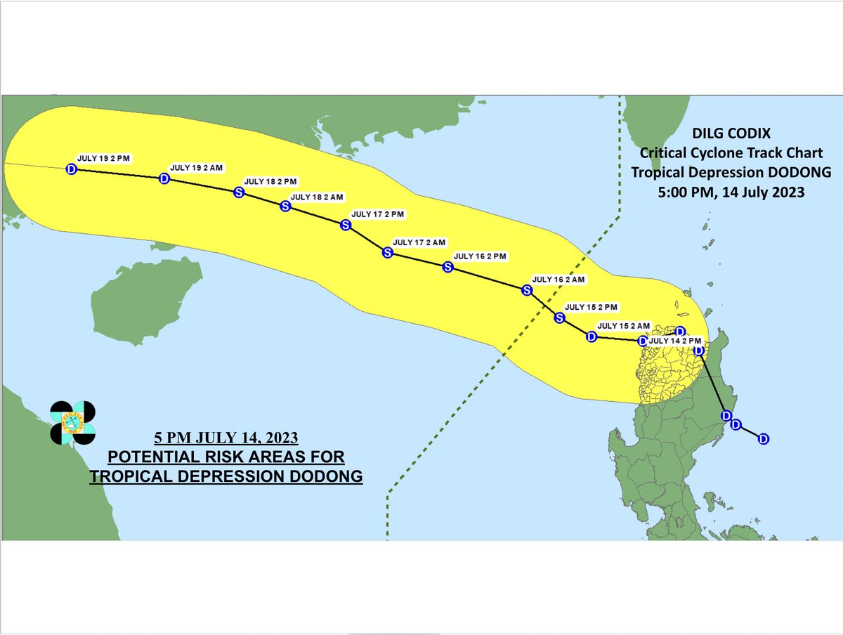 DILG_CODIX's tweet photo. Critical Cyclone Track Chart for TD #DodongPH  as of 5:00 PM  14 July 2023  #DodongPH #MagingLISTO #DisasterPreparedness

@DILGPhilippines

@NDRRMC_OpCen

@dost_pagasa

@civildefensePH

#LISTO       
Also follow us on FB: https://t.co/3HDTDhEL0M https://t.co/92veZflUFj
