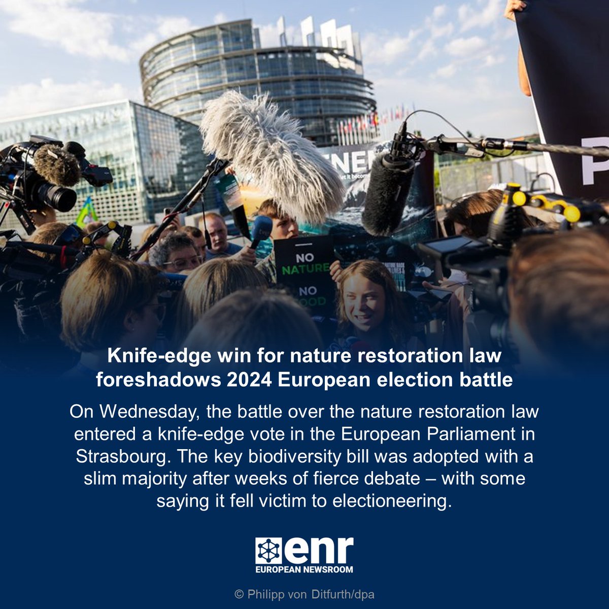 enr_newsroom's tweet image. 'European Trumpism' or sincere worry about food security? The nature restoration law has proven divisive. On Wednesday, the EP voted in favour of the law.

Read #enr_eu's Key Story about the Strasbourg showdown:  europeannewsroom.com/knife-edge-win…