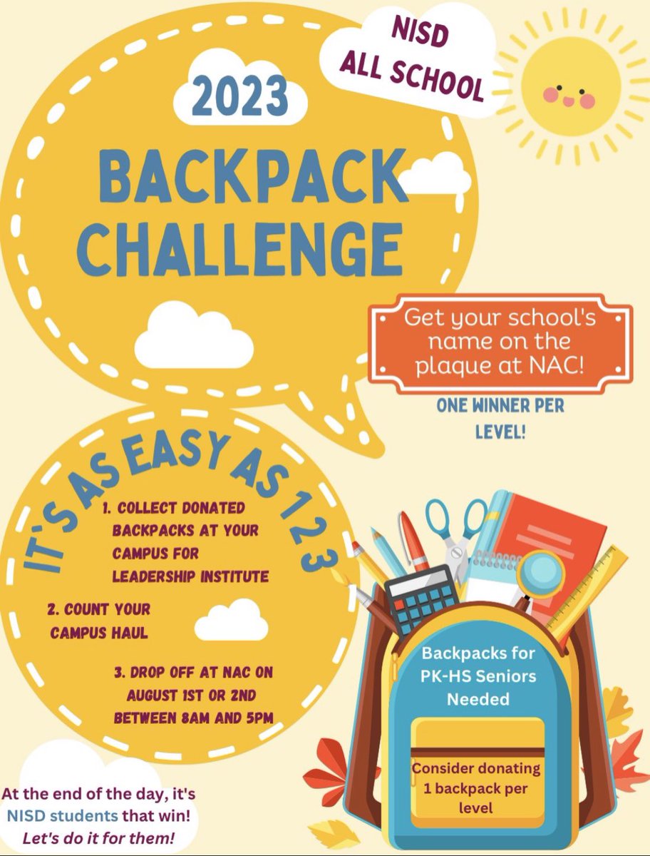 KJBuescher's tweet image. HARLAN HAWKS, Let’s fill THE NEST with BACKPACKS as we help NISD students be WINNERS with the 2023 Backpack Challenge. @NISDHarlan @HarlanPtsa @HawksPrideSA #AmazonOrder #WalmartOrder