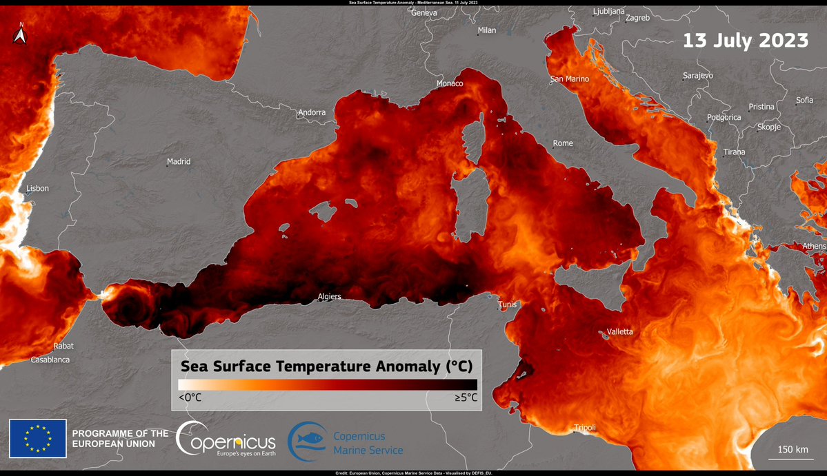 defis_eu's tweet photo. #ImageOfTheDay

According to @MercatorOcean, a "moderate"  heatwave is ongoing in the western Mediterranean Sea

On 13 July, the Sea Surface Temperature Anomaly along the coasts of Southern Spain &amp; North Africa was ~ +5°C above the reference value for the period

⬇️@CMEMS_EU data https://t.co/AVS5OcBc14