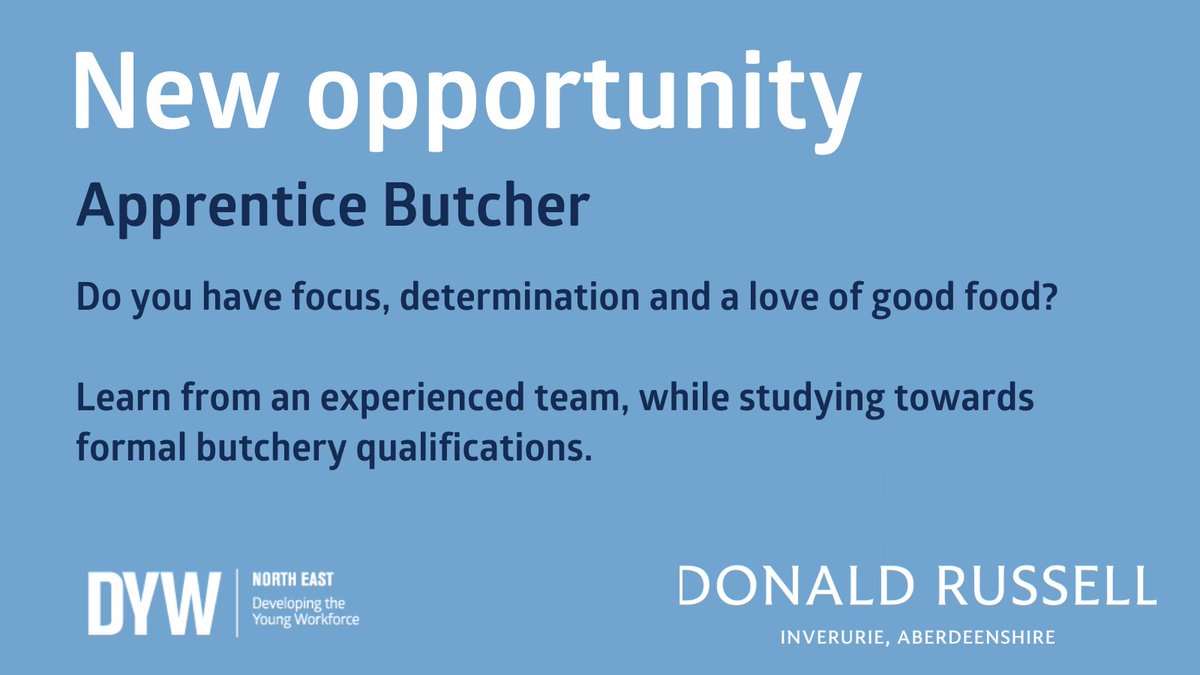 DYW North East (@dyw_northeast) on Twitter photo 📢OPPORTUNITY!
Would you - or someone you know - be interested in becoming an #apprentice butcher? As part of the <a href="/gourmetbutcher/">Donald Russell</a> Apprentice Scheme you’ll study & gain formal butchery qualifications & be independently assessed during your training.
🔗bit.ly/3JzQpwk 📢OPPORTUNITY!
Would you - or someone you know - be interested in becoming an #apprentice butcher? As part of the <a href="/gourmetbutcher/">Donald Russell</a> Apprentice Scheme you’ll study & gain formal butchery qualifications & be independently assessed during your training.
🔗bit.ly/3JzQpwk