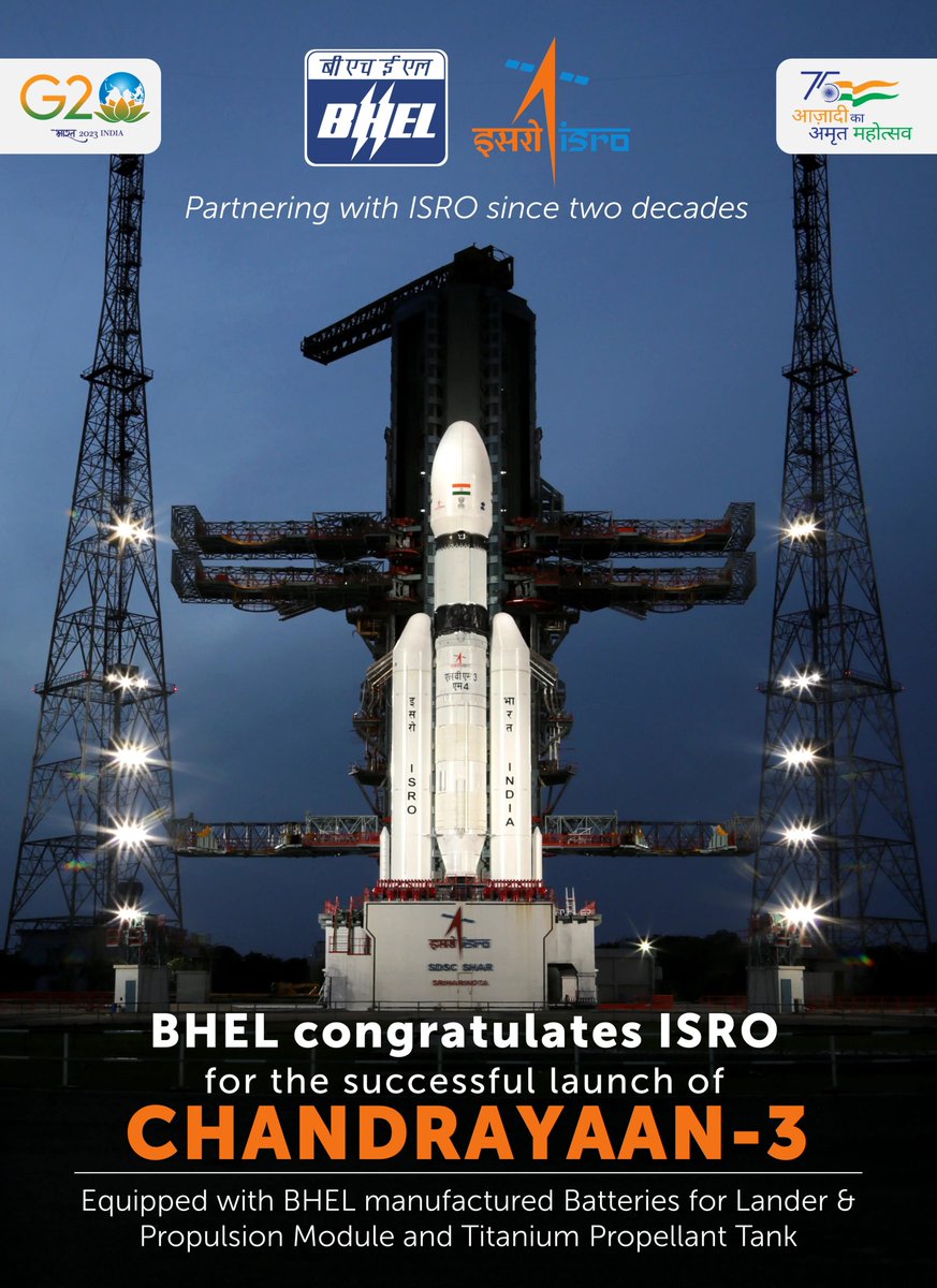 BHEL_India's tweet photo. #BHEL congratulates @isro for the successful launch of Chandrayaan-3 (LVM3-M4) from SDSC SHAR, Sriharikota. 1/3

#Chandrayaan3 #moonmission  #isro #chandrayaan #sriharikota #makeinindia  #spacemission #nationbuilding

@mhi_goi @hipepib https://t.co/LtqhUkG8Ti