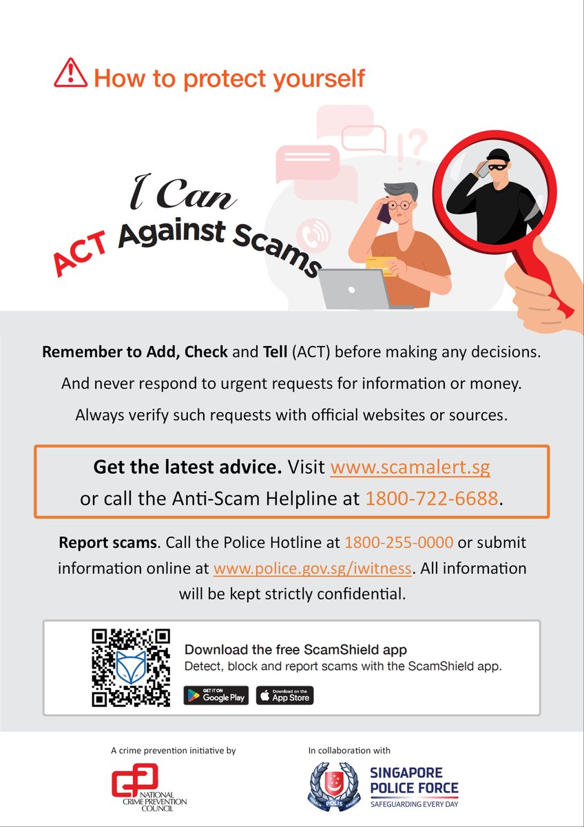 𝗪𝗘𝗘𝗞𝗟𝗬 𝗦𝗖𝗔𝗠 𝗕𝗨𝗟𝗟𝗘𝗧𝗜𝗡        

In this week’s Scam Bulletin: Know the trending scams, find out the scam tactics and ACT against scams!     police.gov.sg/Media-Room/Sca… 

#spfscambulletin #SpotTheSigns