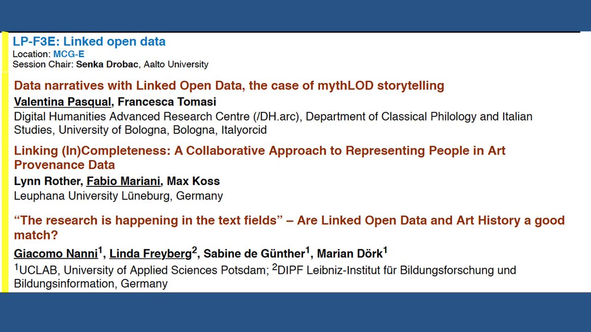 The last group of sessions of #DH2023 is about to start! Join 'LP-F3E: Linked open data' -Location: MCG-E