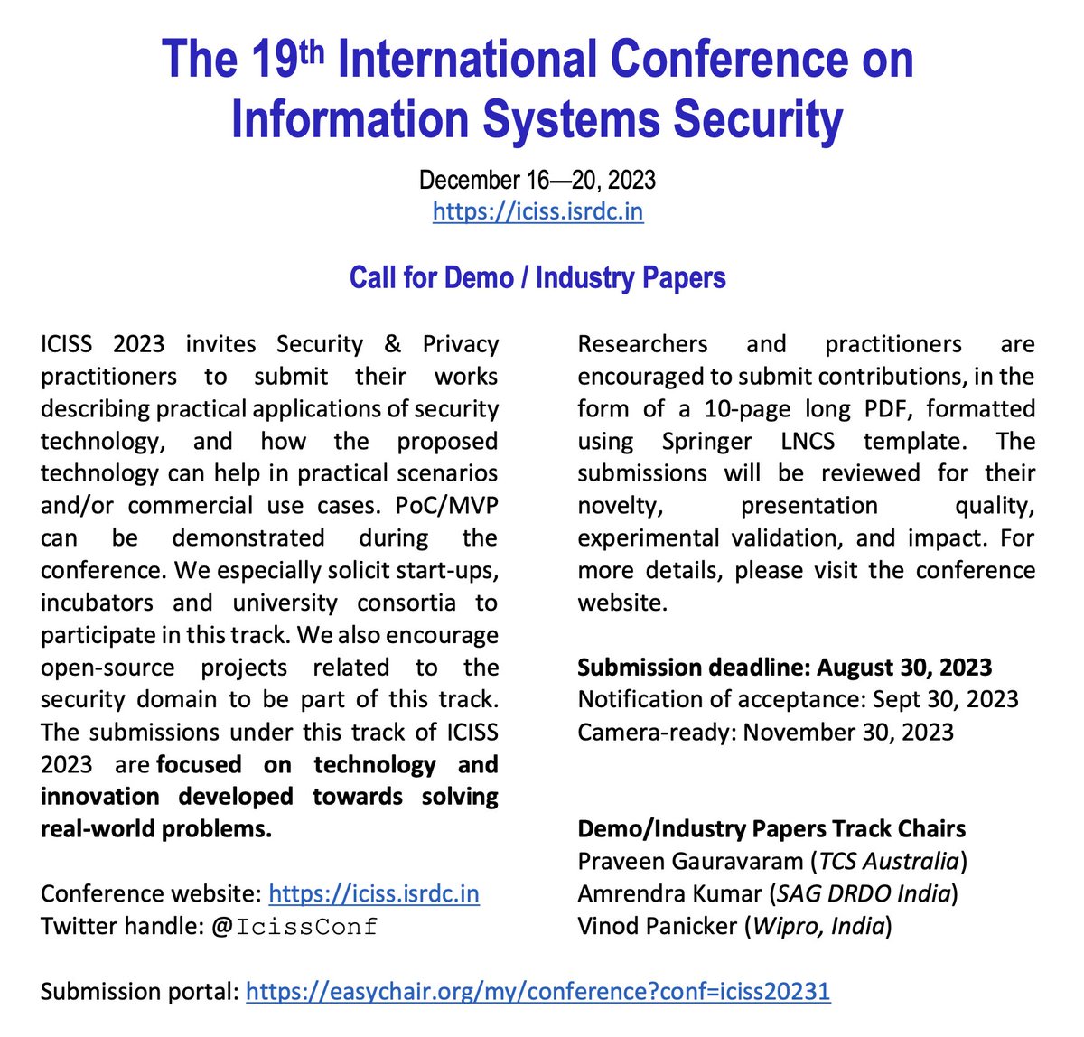 Demo/Industry paper / deadline Aug 30