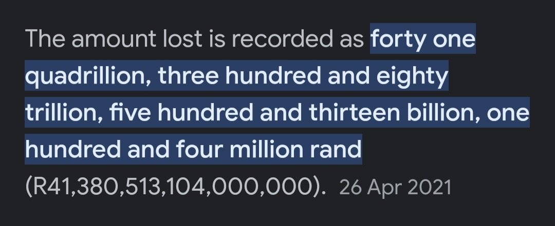 RoryDuncan1966's tweet image. R 41,380,513,104,000.00 

For those who blame apartheid for all our woes. This is how much is estimated to have been stolen by our democratically elected government in the first 27 years of freedom. May have made quite a dent in our problems had they used it wisely.