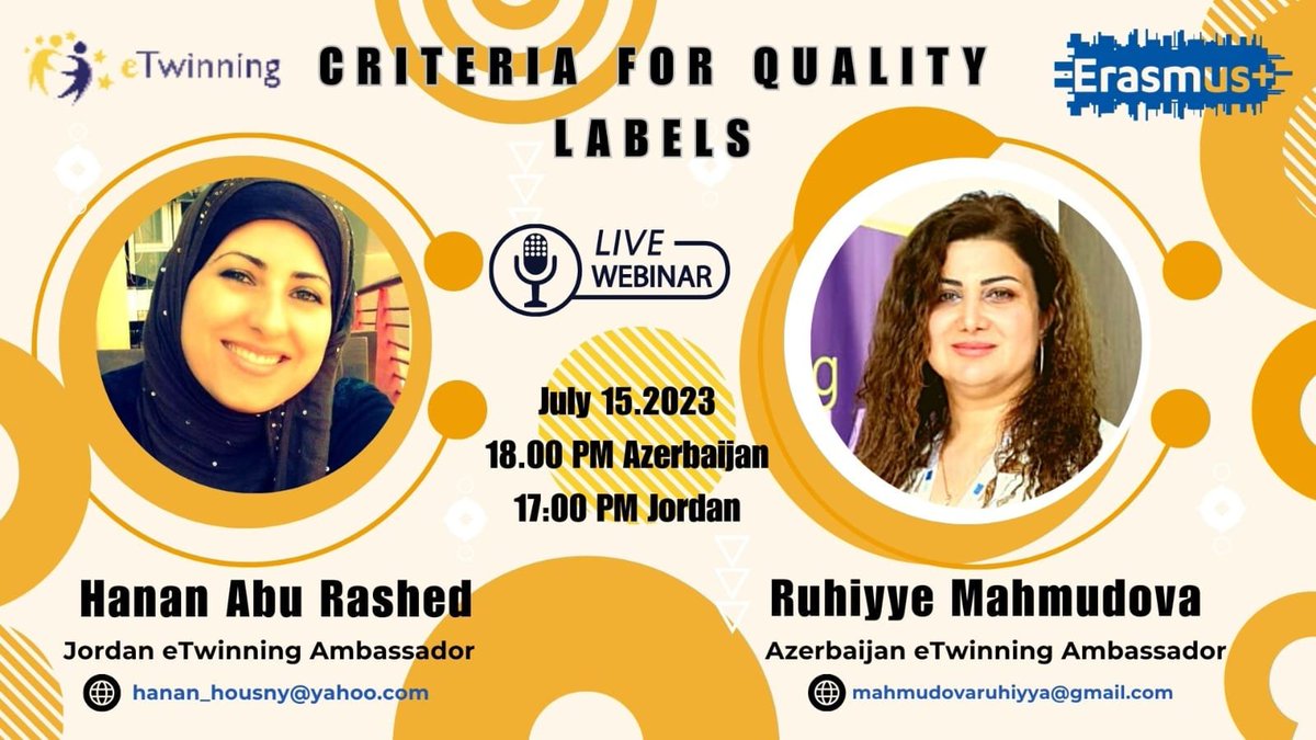 be with us eTwinners to talk about "Criteria for QL" the link of the Webinar:
bit.ly/44gBL5D

<a href="/MadrasatiJo/">Madrasati Initiative</a> 
<a href="/tsweis/">Tala Sweis</a> 
<a href="/eTwinningEurope/">eTwinningEurope</a>