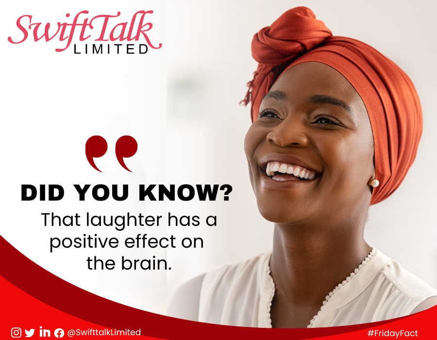 DID YOU KNOW?

When we laugh, it triggers the release of endorphins, which are natural feel-good chemicals that can boost our mood and reduce stress. 

#SwiftTalkLtd
#InternetServiceProvider
#FridayFact
#EnablingInternetPoweredServices