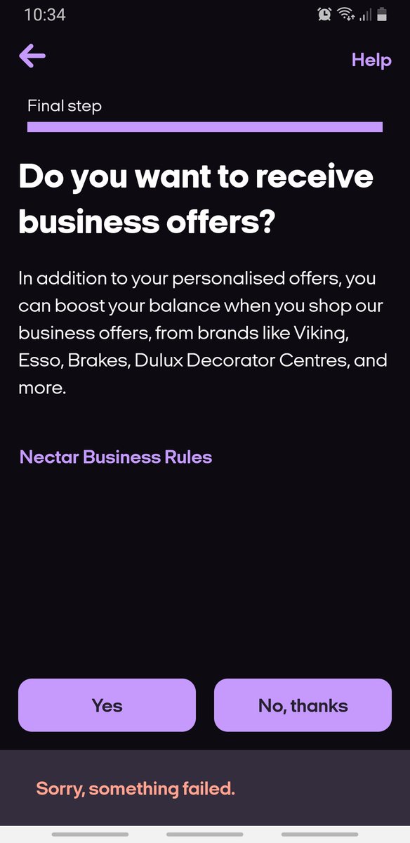n3ttybt's tweet photo. @sainsburys trying to register on the nectar card app. Getting through to last page where it asks about nectar business. Doesnt matter if I click yes or no I still get a opps something went wrong message. So can't finish the registration. https://t.co/PxgeBjmFvq