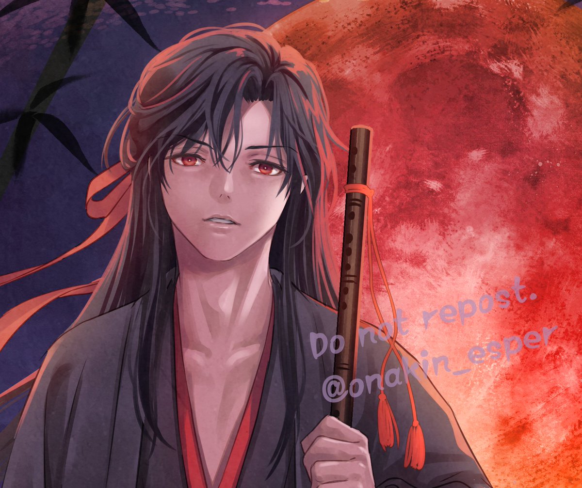1boy male focus long hair red eyes solo black hair moon  illustration images