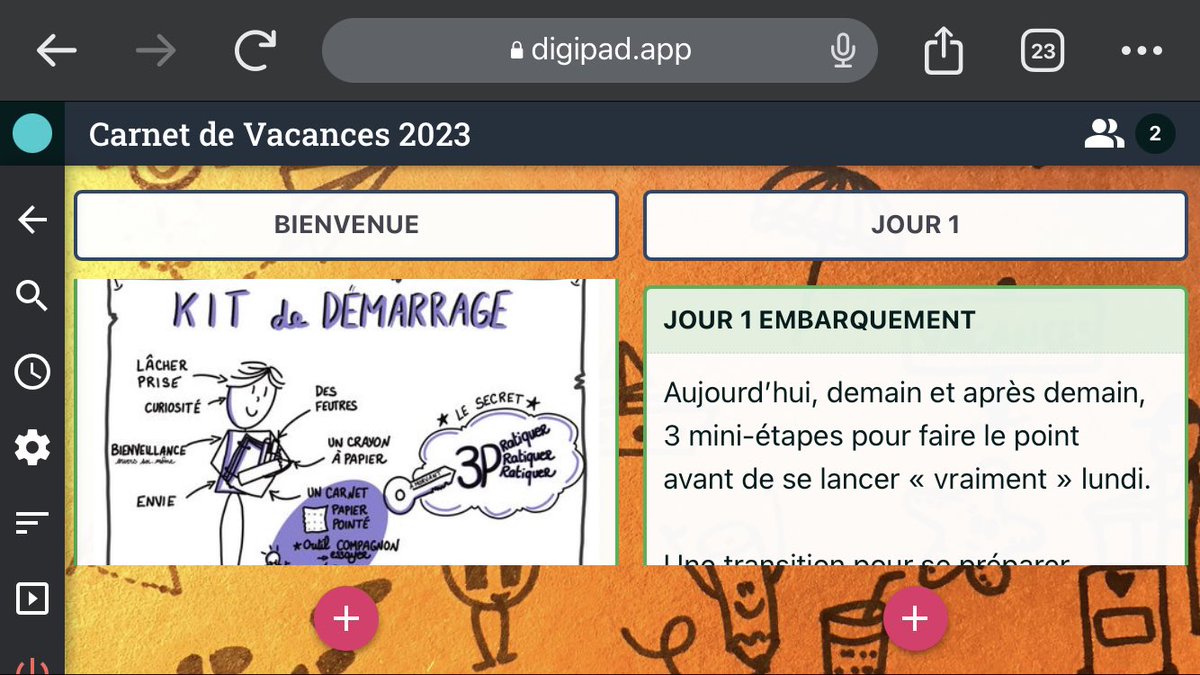 #CarnetDeVacances2023
C’est parti pour la 3e édition d’initiation au Sketchnoting sous forme d’un carnet de vacances.
Embarquement ce week-end pour une première étape lundi.
Rendez-vous ici pour découvrir le parcours et partager vos réalisations ici : 
digipad.app/p/444075/afddf… .