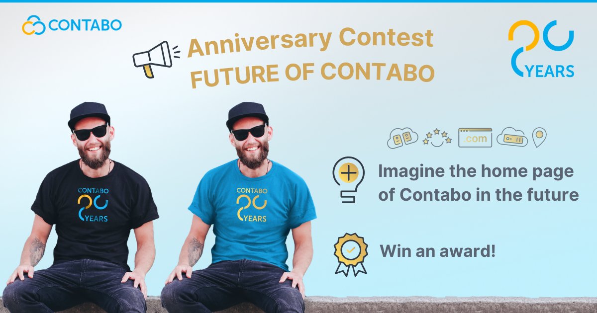 ContaboCom's tweet photo. Creative Contest Alert 📣
Join our contest to showcase your creativity and win exclusive Contabo merch🎁
Contabo has been evolving over the last 20 years: our services, logo, website, and even our name! And we’re curious how you see us in another 20 years. Show us your vision of what the home page of Contabo will look like. What products, locations and technologies do you think we will offer in 2033?

How to participate:
1️⃣ Create a post about what the Contabo home page could look like in 20 years. You can describe it with text or provide a design.
2️⃣ Post it on your social media and tag @ContaboCom. And don’t forget to use the hashtags #FutureOfContabo and #Contabo20
3️⃣ Make sure your post is public, and fill out this short form here: https://t.co/qW84BzRWoP

🏆 The most creative works will be awarded our special Contabo anniversary merch. The contest starts today and ends on July 30. Start brainstorming now!