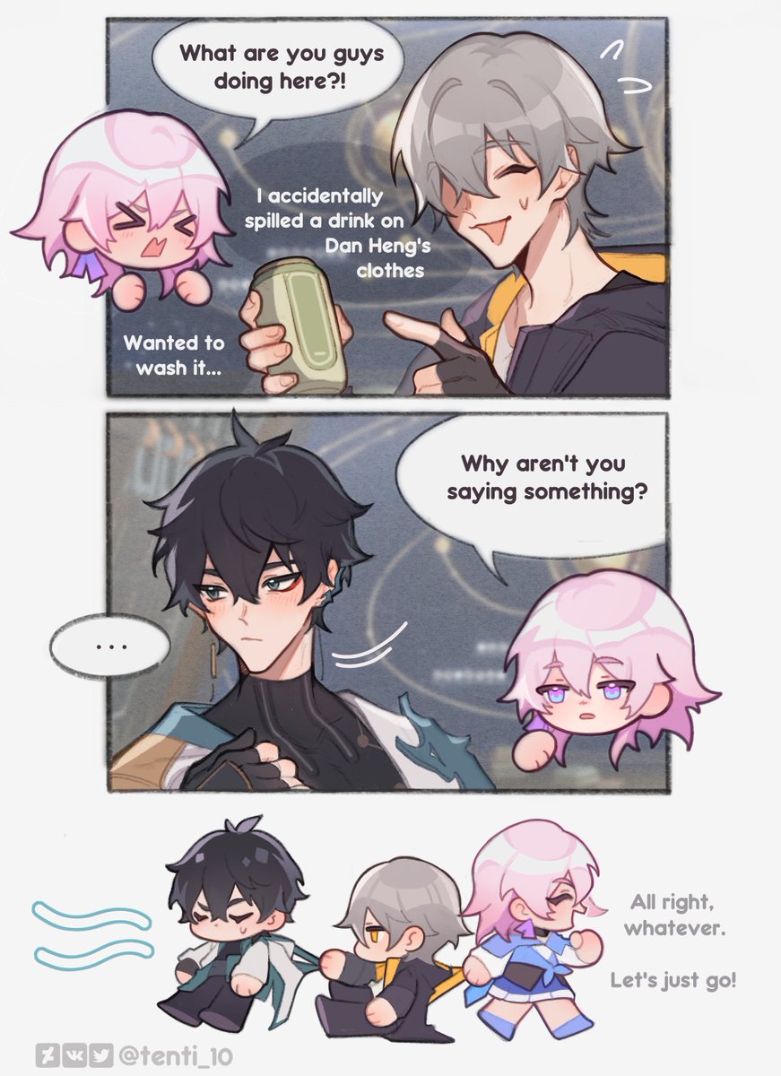 Dan Heng is in culture shock at how brazenly his personal boundaries are being violated(￢_￢;)

Comics even with simple coloring are so time consuming haha (￣ω￣ )💧

#スターレイル📷 #HonkaiStarRail📷#Caelus #Danheng #March7