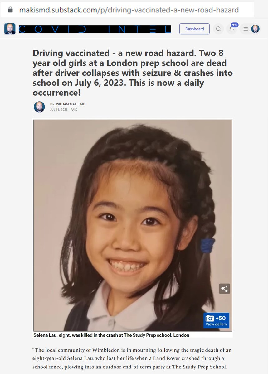 MakisMedicine's tweet photo. NEW ARTICLE: Driving vaccinated - a new road hazard!

Two 8 year old girls at a London prep school are dead after driver collapses with seizure & crashes into school on July 6, 2023. 

This is now a daily occurrence!

Article Link in photo to avoid shadowban, just re-type URL into your browser

#DiedSuddenly #cdnpoli #ableg