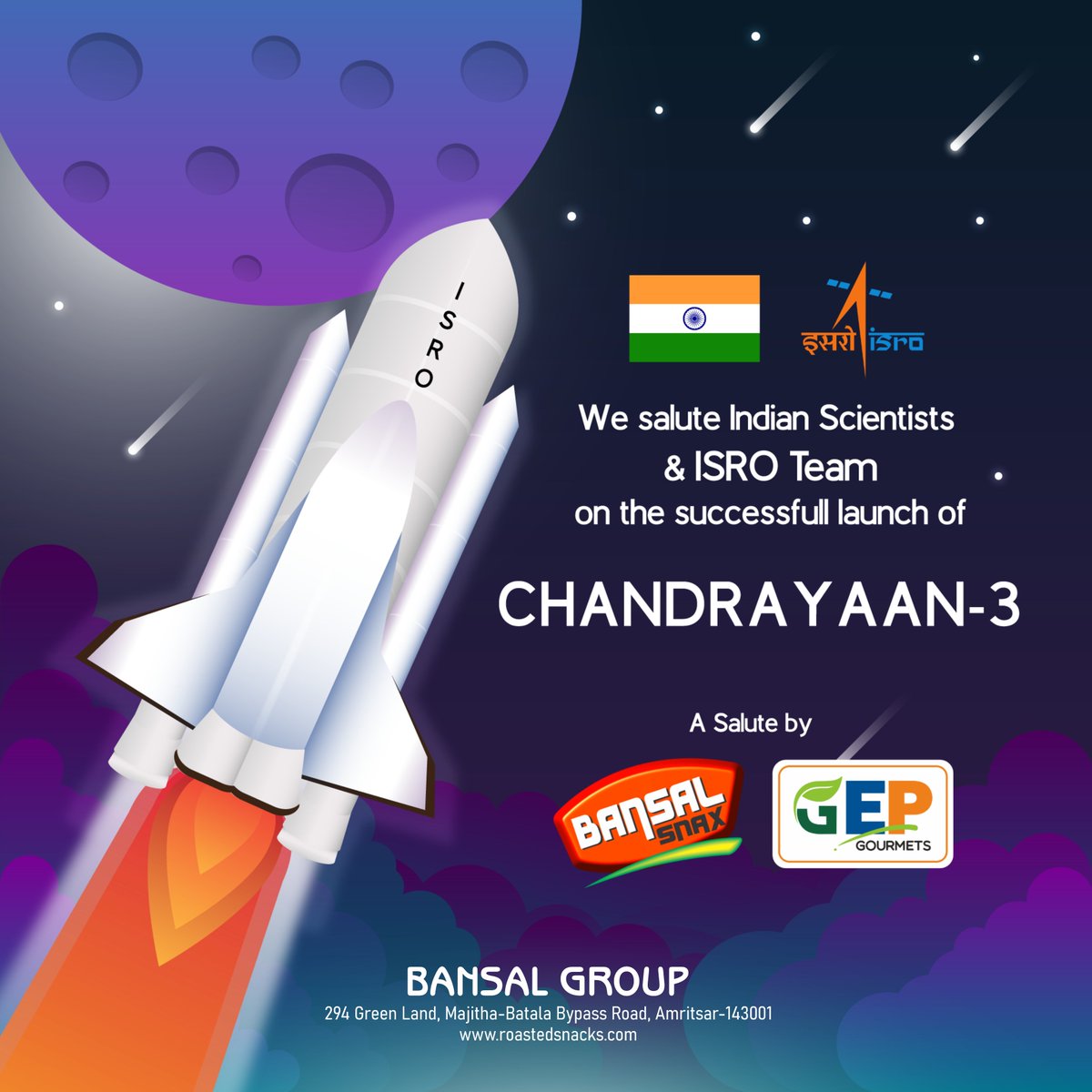 bansalsnacks's tweet photo. Hats off to the exceptional Indian Scientists and the incredible ISRO team for their outstanding achievement—the successful launch of Chandrayaan 3! 🚀✨ A proud moment for our nation! 🌌🇮🇳 #Chandrayaan3 #ISRO #ProudIndianScientists #SpaceExploration #ProudMoment" https://t.co/zHJH6bTW9W