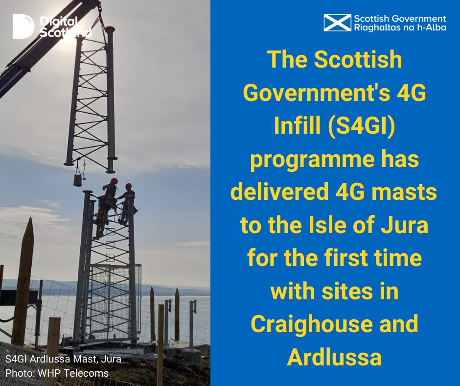 We are pleased to announce that the @scotgov 4G Infill (#S4GI) programme has recently activated 4G masts at Craighouse and Ardlussa, connecting the Isle of Jura to 4G for the first time.