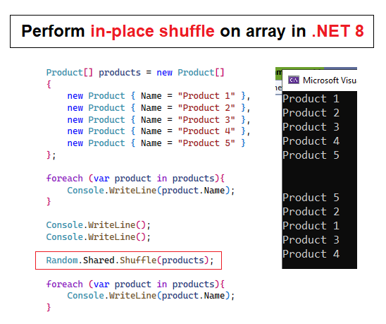 Dave_DotNet's tweet photo. New Shuffle method coming in .NET 8  ⬇  ...

Two overloads ->
public void Shuffle<T> (Span<T> values);
public void Shuffle<T> (T[] values);

Available from #dotnet 8 Preview 1. 

What do you think? 
Have you got use cases for Shuffle?

#csharp https://t.co/6fbwGoH7FU