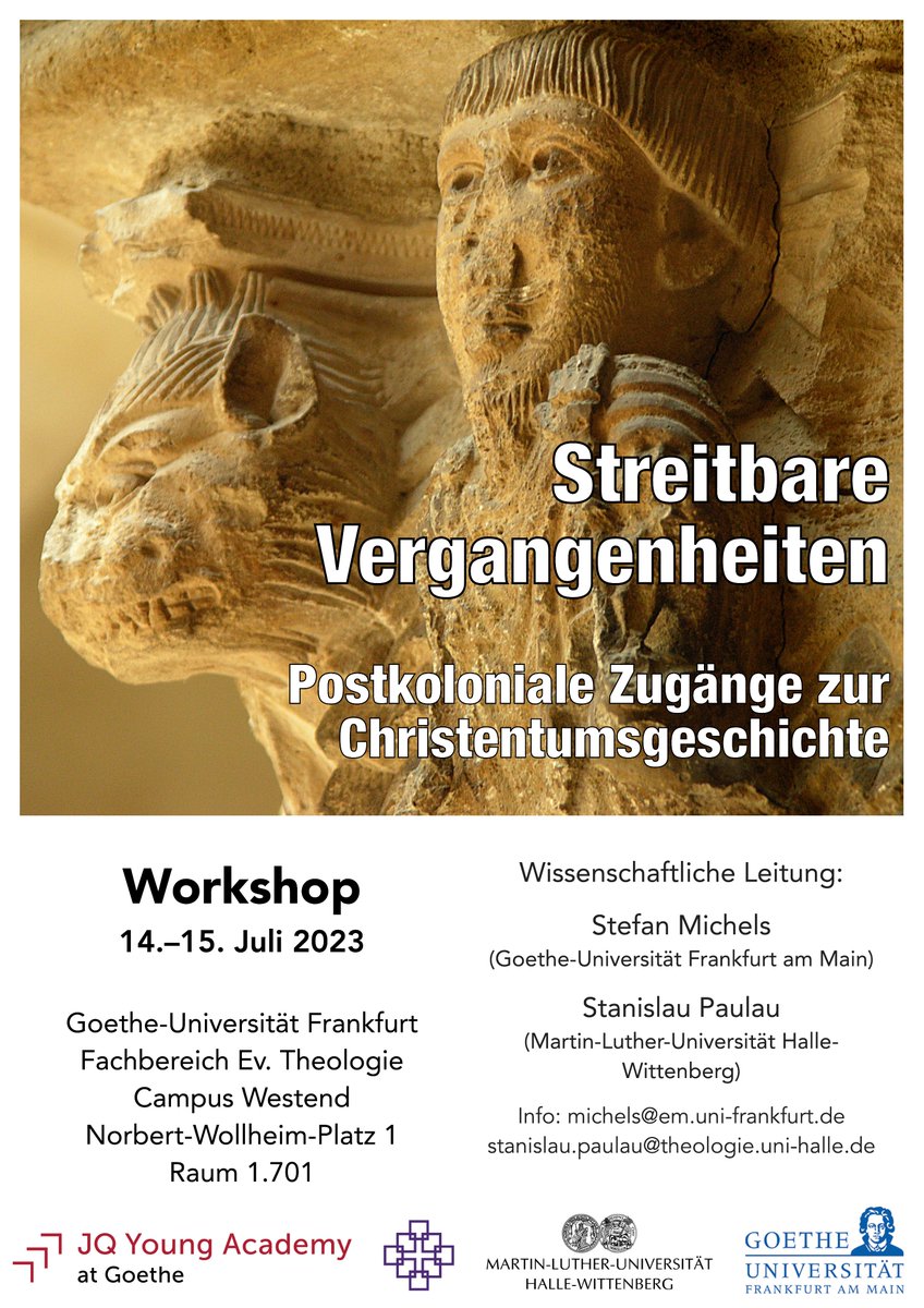 Freue mich riesig auf den Workshop „Streitbare Vergangenheiten: Postkoloniale Zugänge zur Christentumsgeschichte“, der in wenigen Stunden an @goetheuni beginnt.