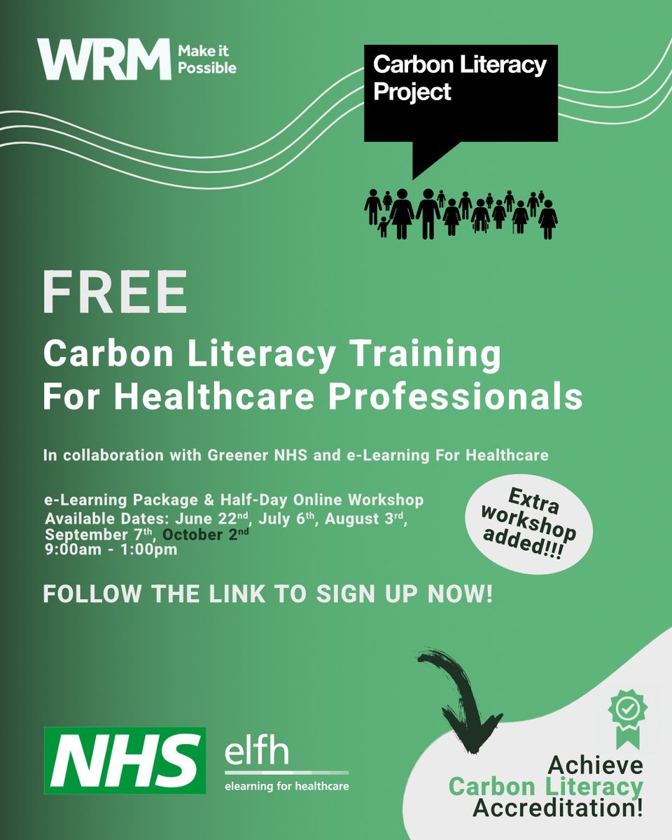Due to popular demand, a new workshop has been added to our schedule of free carbon literacy training for NHS professionals!!! Sign up to our session on Monday the 2nd of October. wrm-ltd.co.uk/carbon-literac…