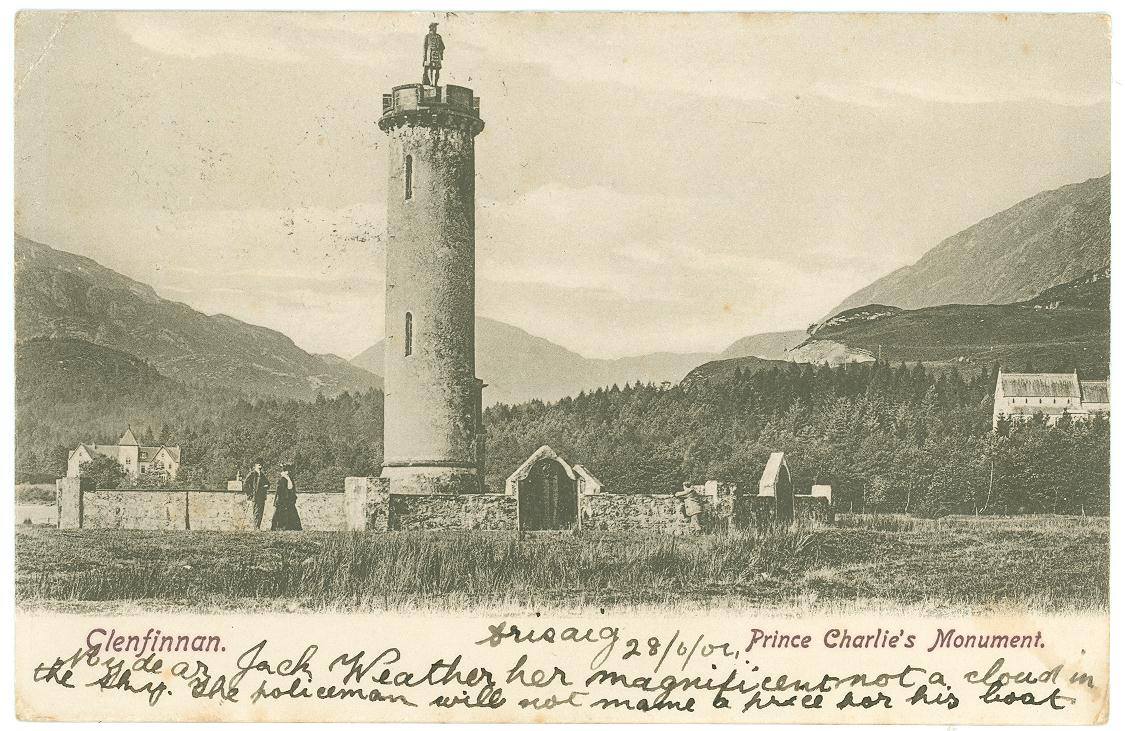 HLHArchives's tweet photo. Postcard showing the Glenfinnan Monument dated 28th June, 1902. The etching reads 'My Dear Jack, weather here magnificent, not a cloud in the sky. The policeman will not name a price for his boat.'

#glenfinnan #lochaber #highlifehighland #History https://t.co/ONtQVcYgbB