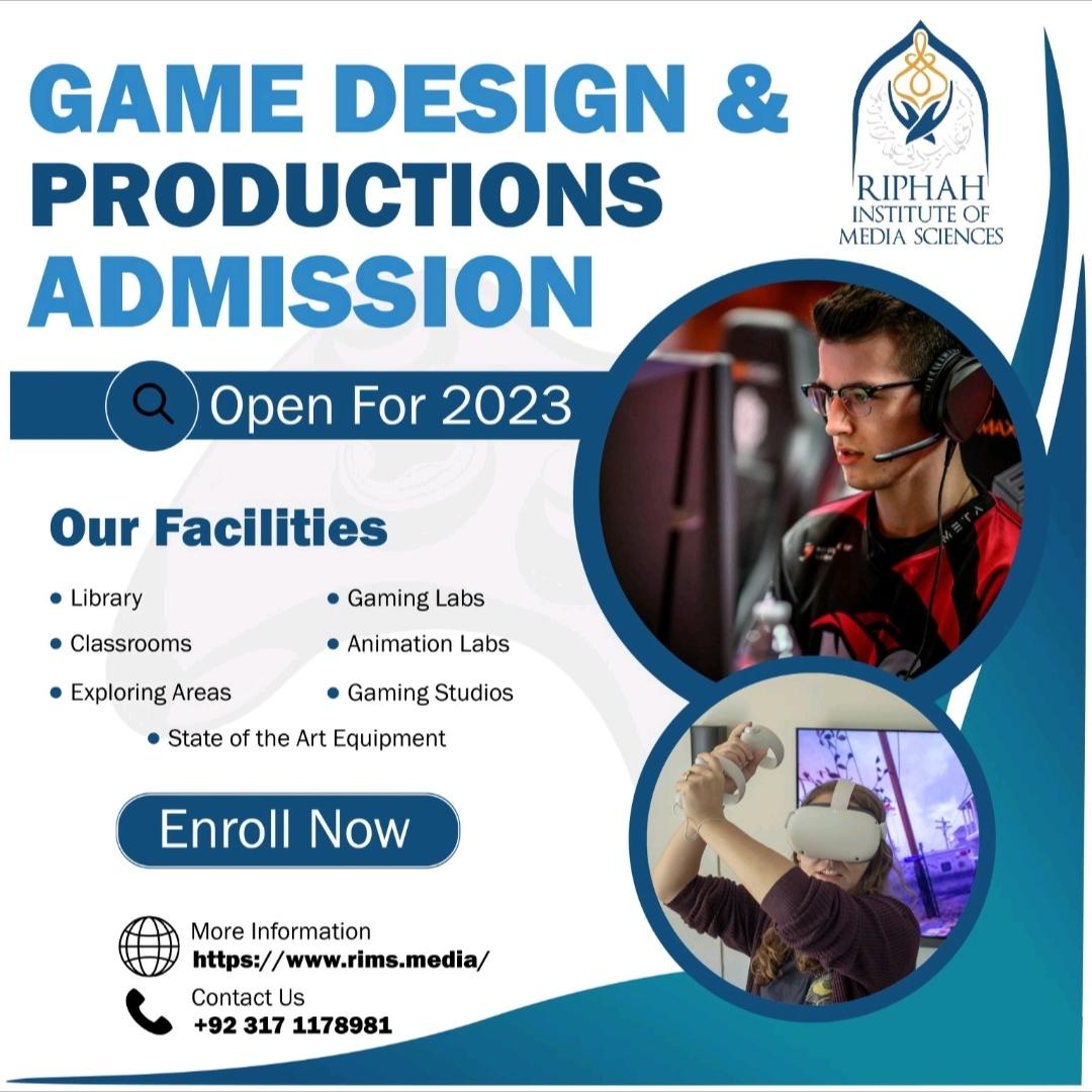 Riphahmedia's tweet photo. Here's an exiting news 📢  for everyone who want to peruse his/her career in the field of Game Design. ADMISSION OPEN-2023 🎫 🔊 
So what you're waiting for ⁉ Level up your future with our BS Game Design &amp; Productions program!"

For Further Details :
https://t.co/KnqlWlX6H4 https://t.co/nkBGK4JSDx