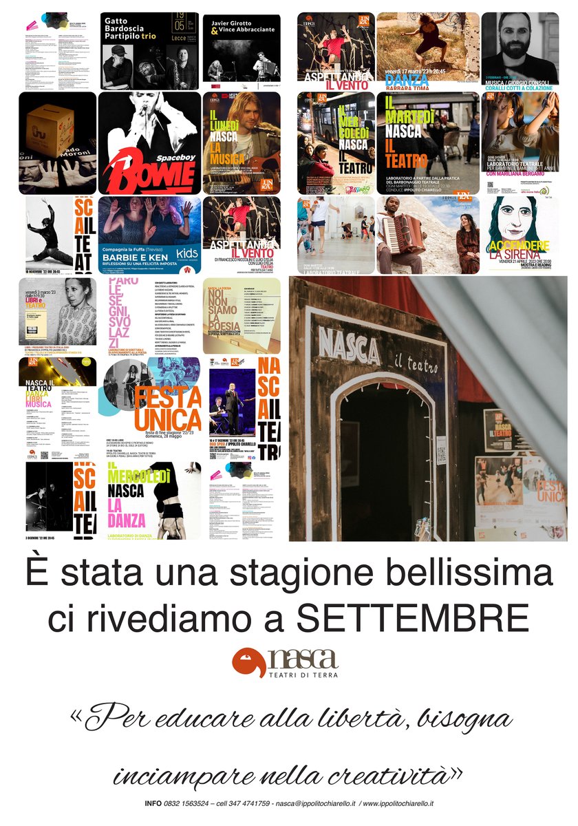 👁‍🗨 CI RIVEDIAMO A SETTEMBRE!!!

Dopo l'ultimo appuntamento del 12 luglio accostiamo la porta di NASCA il teatro per onorare l'estate e per alimentare nuovi pensieri e pensare al progetto UNicA 2023/2024.

👏🏽Ringraziamo tutti gli abitanti del teatro