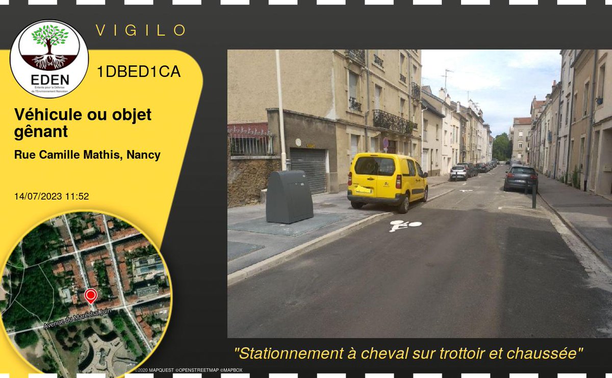 VigiloNancy's tweet photo. Stationnement à cheval sur trottoir et chaussée à #Nancy (Véhicule ou objet gênant - 1DBED1CA) https://t.co/eQ0WvUZK9M