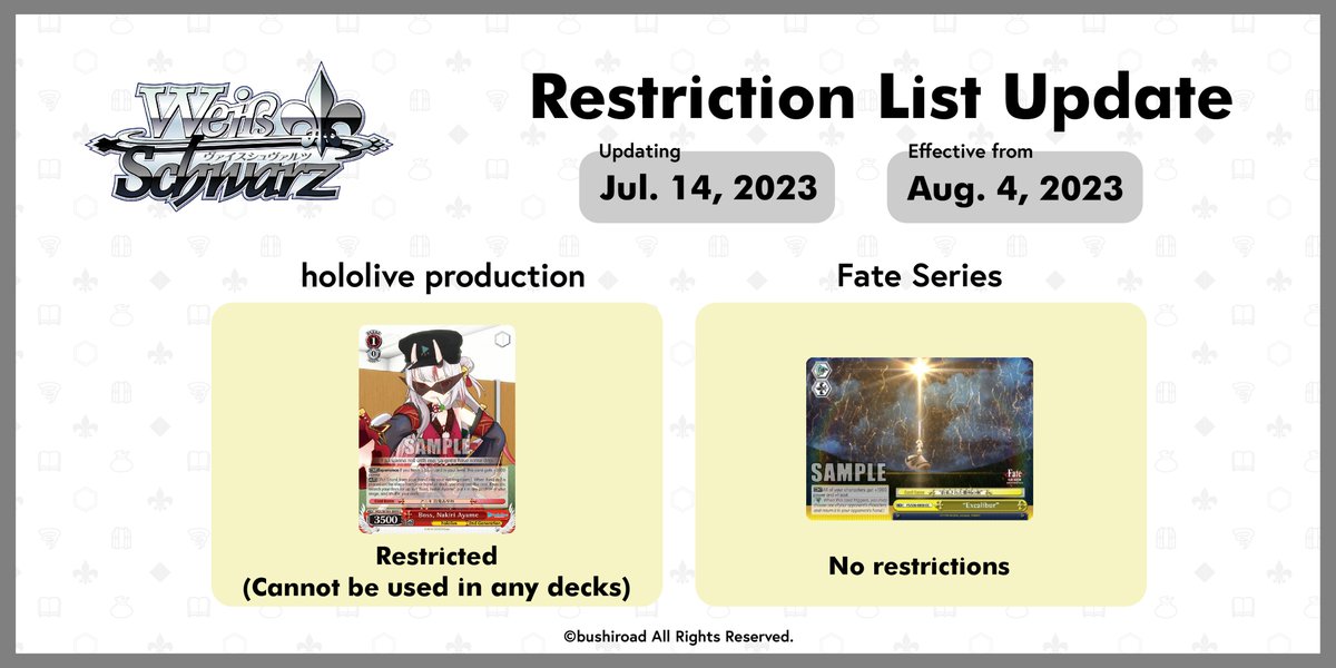 weissschwarz_en's tweet image. The restriction list has been updated. The following restrictions will take effect from Aug. 4, 2023.⁠
⁠
🔗 en.ws-tcg.com/information/14…
⁠
#WeissSchwarz #TradingCardGames #TCG