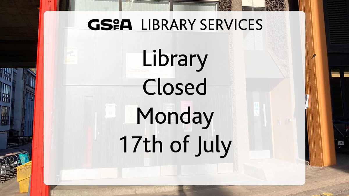 The Library will be closed on Monday the 17th of July due to the Glasgow Fair holiday.

We'll open at 9am on Tuesday the 18th of July.