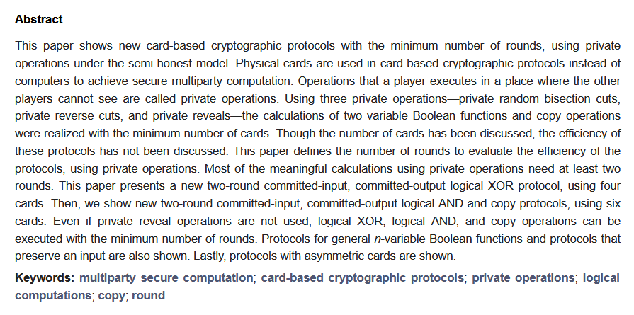 Cryptogr_MDPI's tweet image. #CryptographyPaper
Minimum Round Card-Based #Cryptographic #Protocols Using #Private Operations

by Hibiki Ono and Yoshifumi Manabe
from Faculty of Informatics, Kogakuin University

2 citations and 2309 views

open access, welcome to read:
mdpi.com/2410-387X/5/3/…